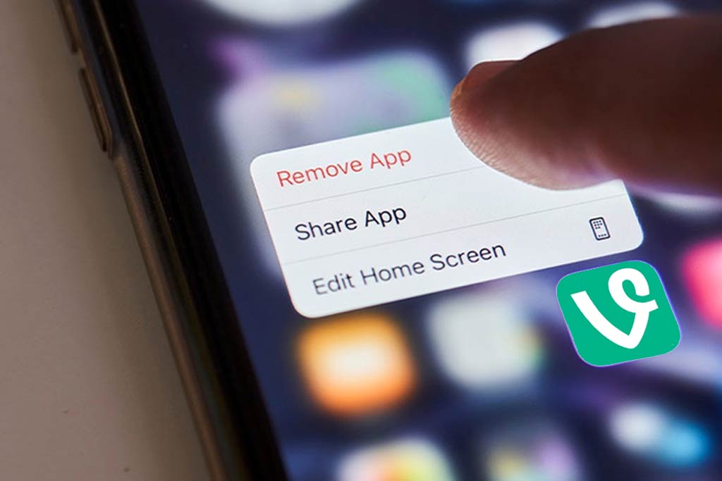 Finger selecting the "Remove App" option on a smartphone screen with the Vine app icon visible.