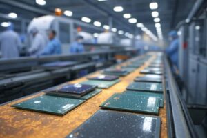 Transistors on a microchip in a factory